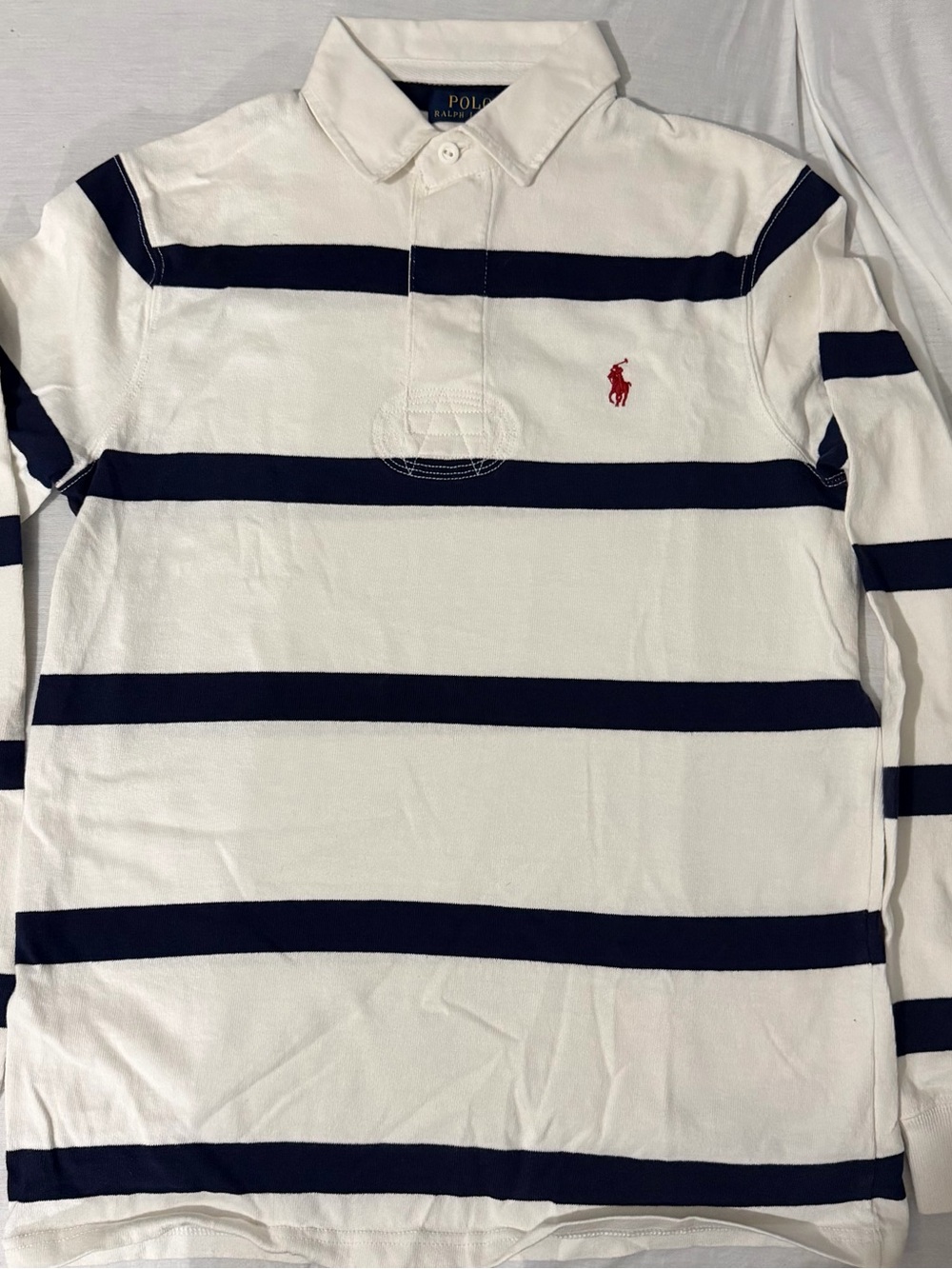 Polo Ralph Lauren White Navy Striped Rugby Shirt with Red Pony
